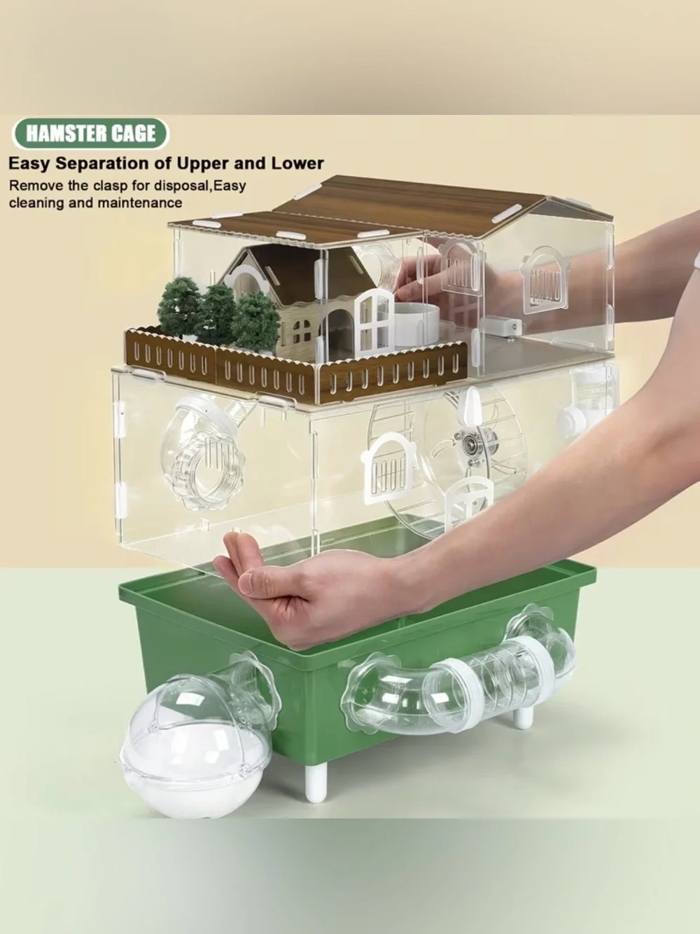 2-Level Hamster Cage with Clear Walls, Tunnels, Wheel & Accessories